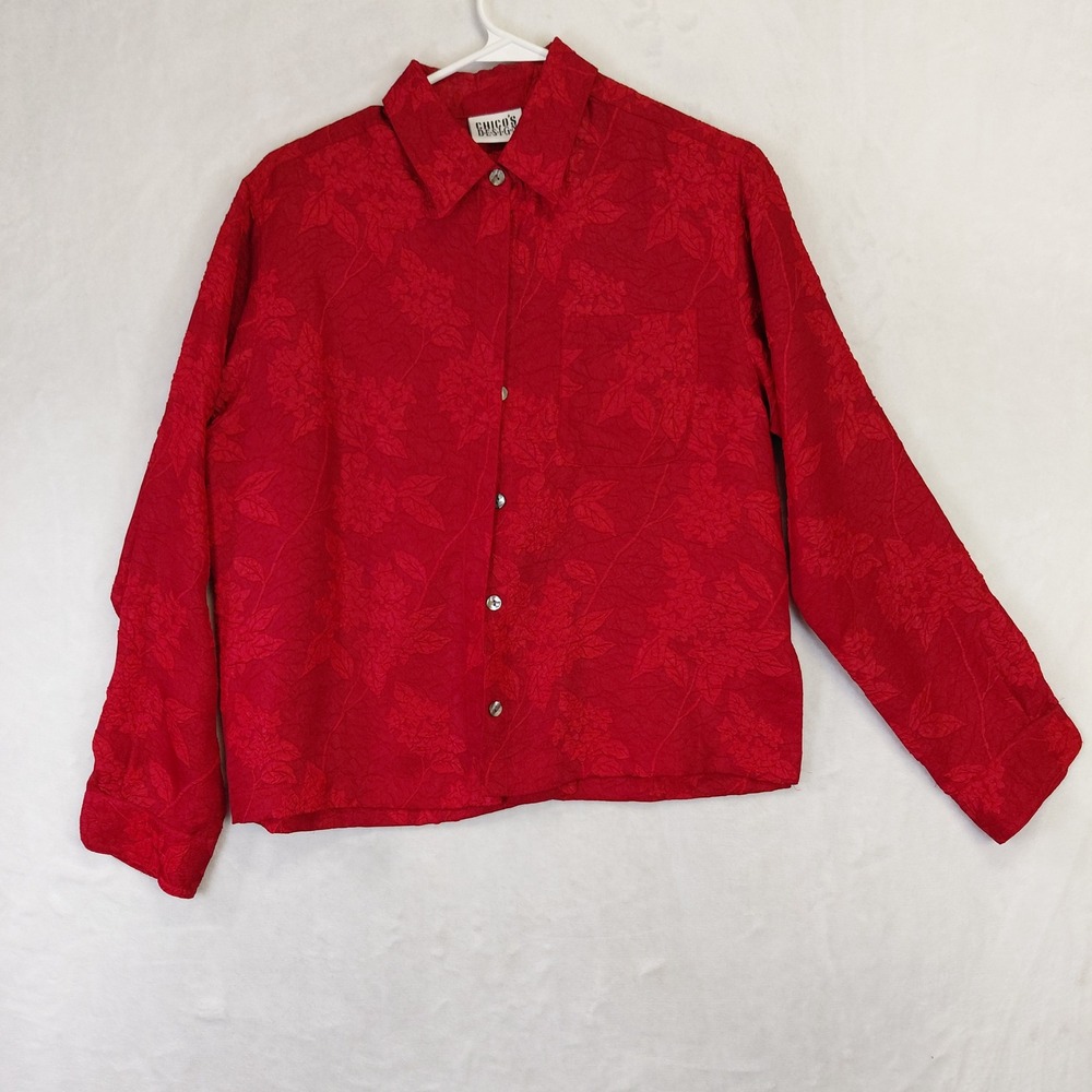 Chicos Design Red Floral Jacquard Button Down Shirt Womens Size 0 Small